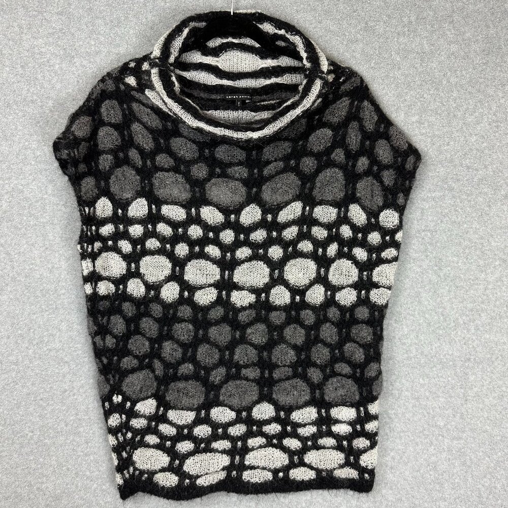 Sarah Pacini Black Gray Dot Textured Mohair Open Knit Sleeveless Top Cowl Neck